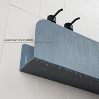 étagère de douche design en aluminium inoxydable fixable au mur sans perçage grâce à des bandes adhésives ultra résistantes. Ne rouille pas. 