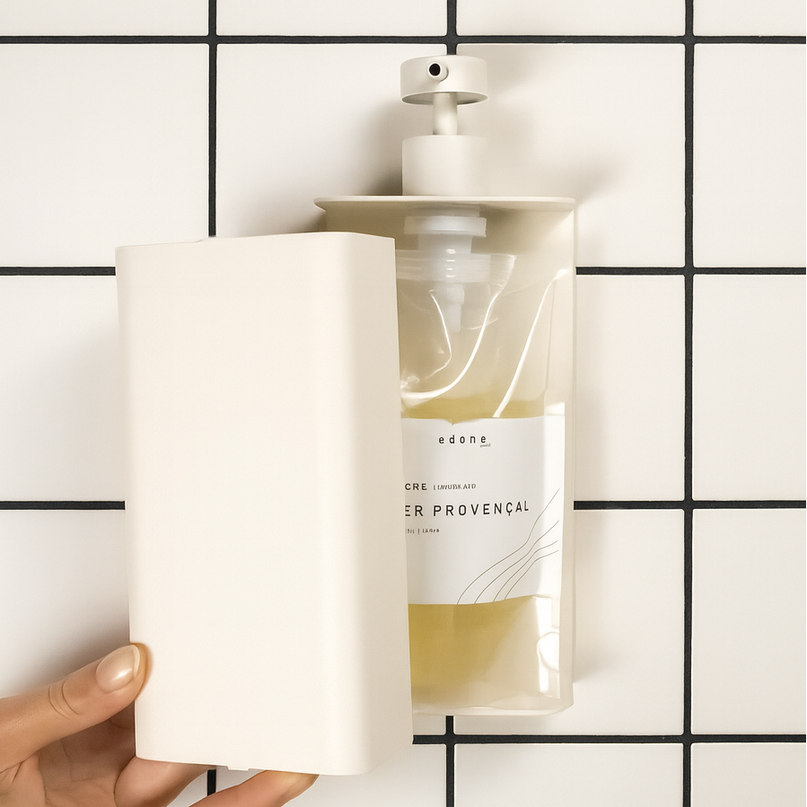 flacon de gel douche rechargeable avec recharge bio parfum Verger Provençal aux notes de basilic et mandarine